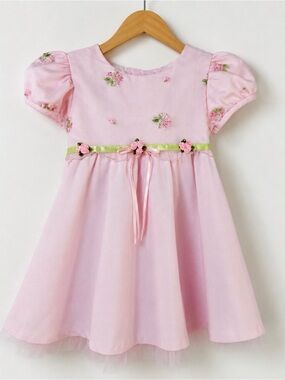 Rare Editions Baby Girls Pink Floral Embroidered Dress Set 18M Puff Sleeve
